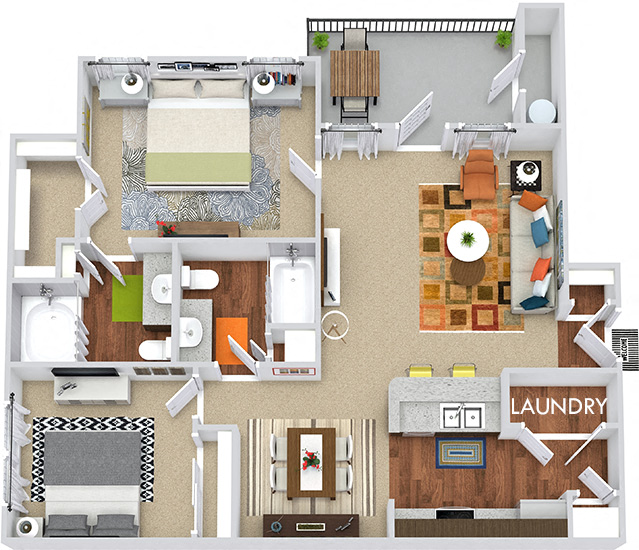 Floor plan for 2 beds, 2 baths, 986 sqft